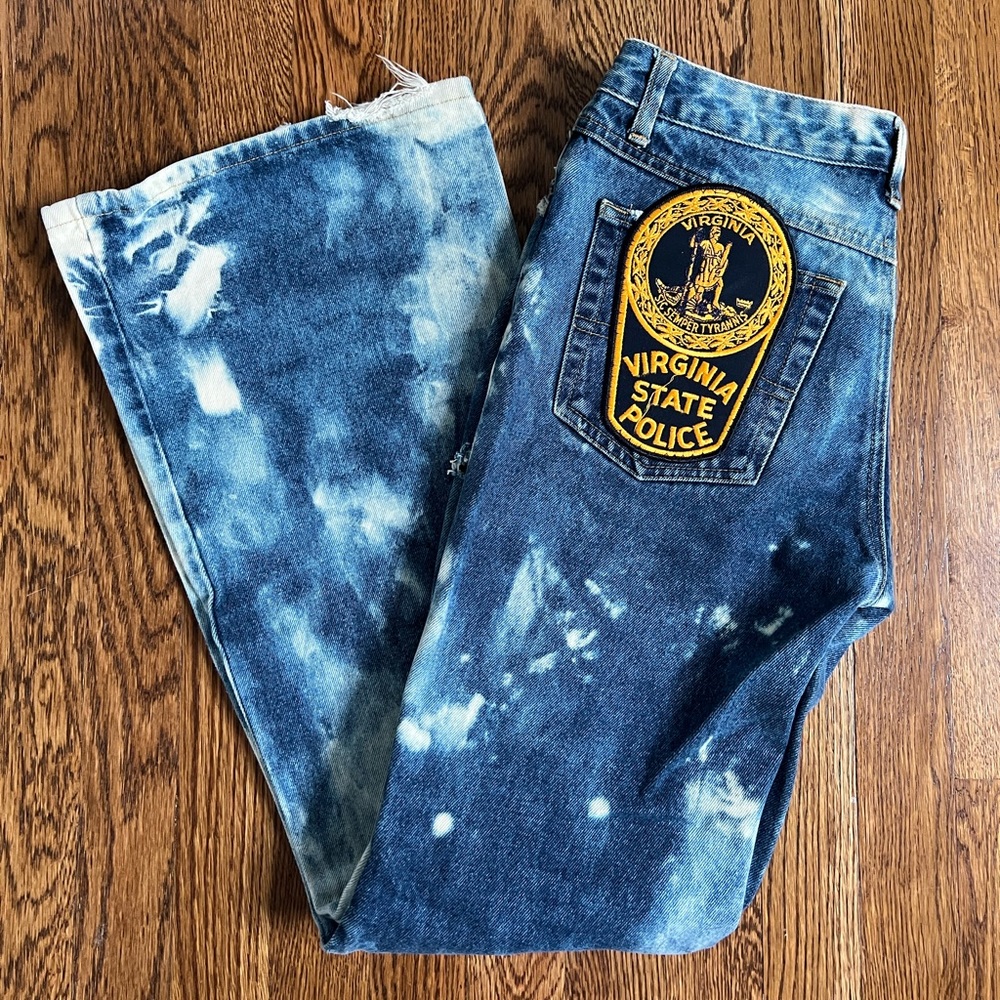 Vintage Reworked Denim Flare Jeans with Rips, Patches and Buttons - Size 27